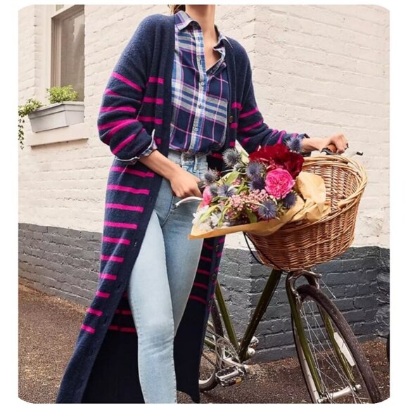 LOFT Long Sweater Cardigan Midi Dress Striped Navy Blue Button Front Size M - Picture 4 of 10